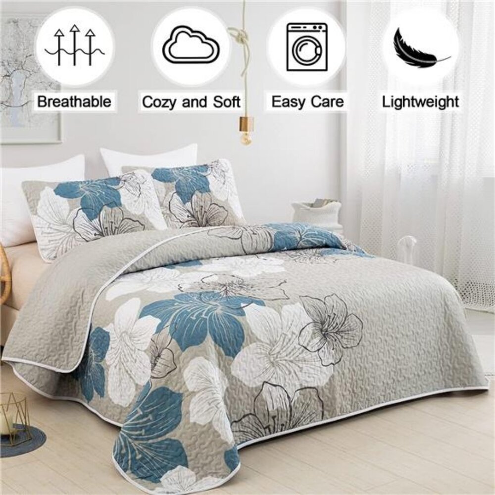 3 Pieces Quilt Set California King Blue Floral Pattern Quilt Coverlet - Picture 2 of 8